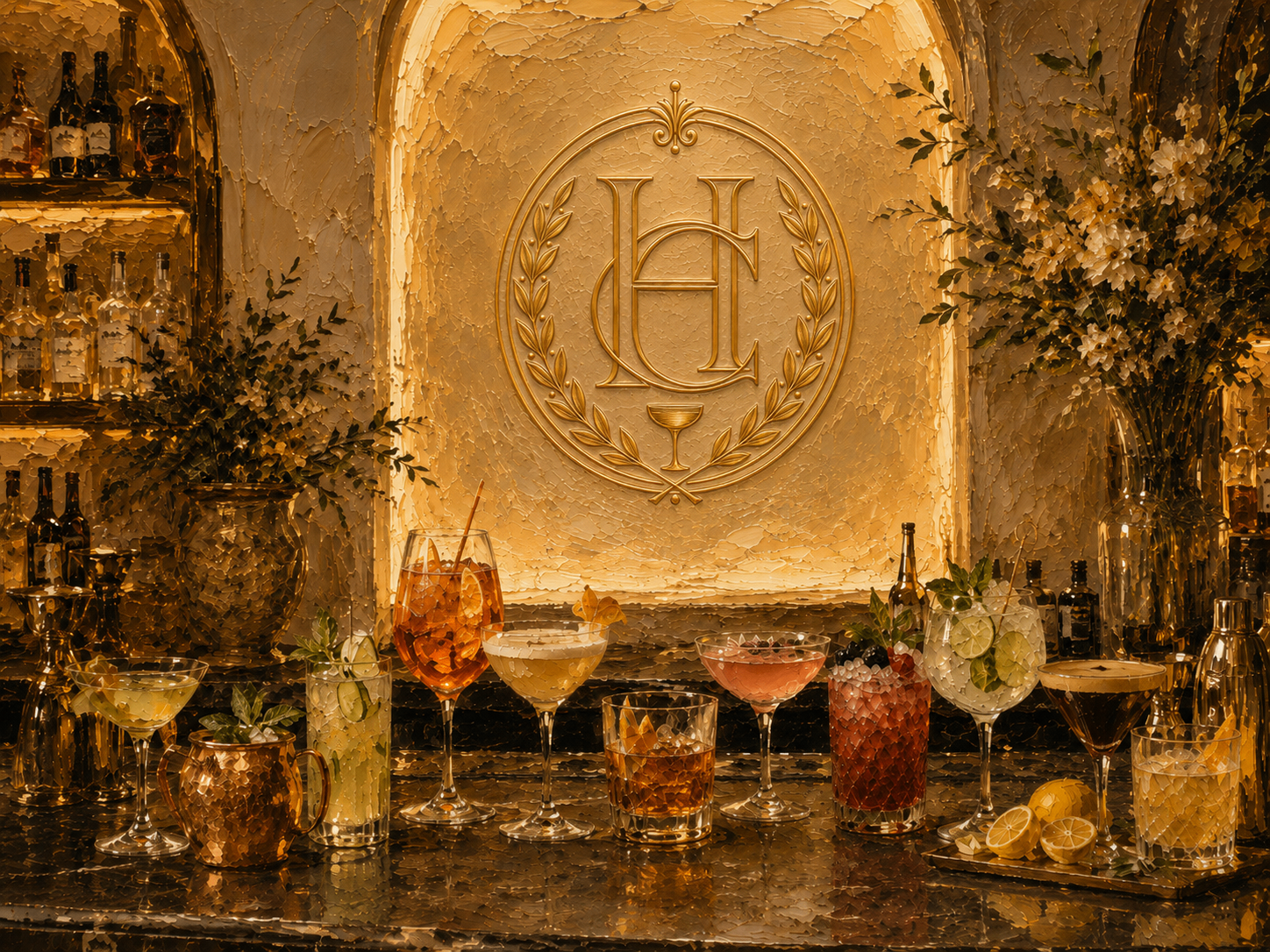 Golden House of Cocktails bar with an array of classic cocktails