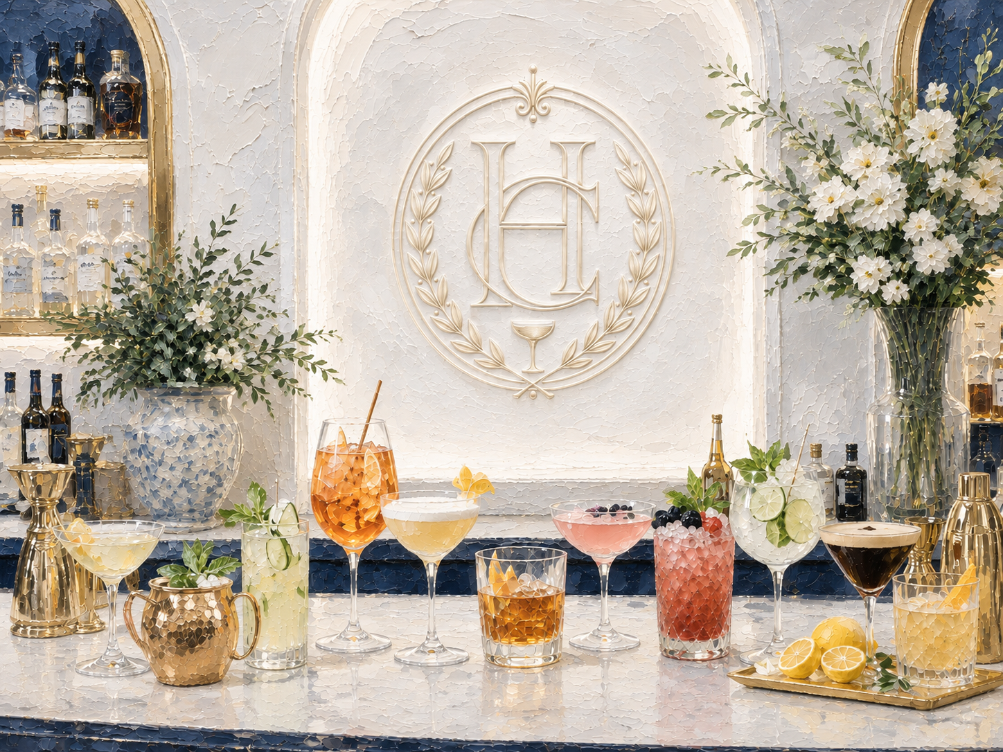 Golden House of Cocktails bar with an array of classic cocktails